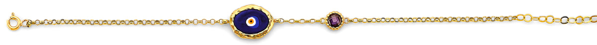 Gold bracelet with a blue evil eye charm and red gemstones on a white background