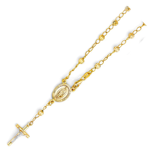 Gold rosary bracelet with a central pendant on a white background availabe on TX.ORO website.
