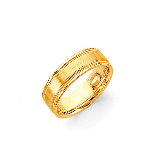 Gold ring with a textured band on a white background