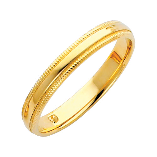 Gold ring with a textured band on a white background