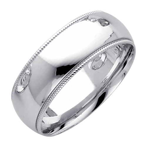 Silver ring with milgrain detailing on a white background