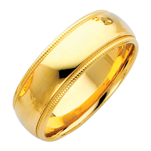 Gold ring with a milgrain design on a white background