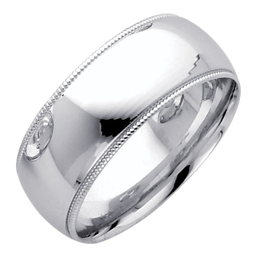 Silver ring with milgrain detailing on a white background
