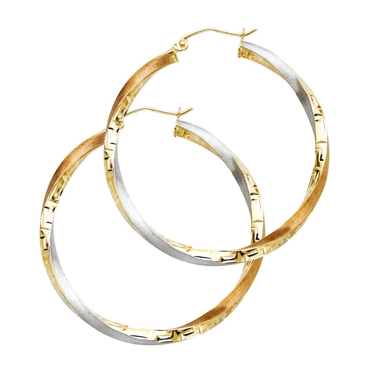 14K Tri-Color Gold DC Textured Swirl Fancy Hollow Hoop Earrings