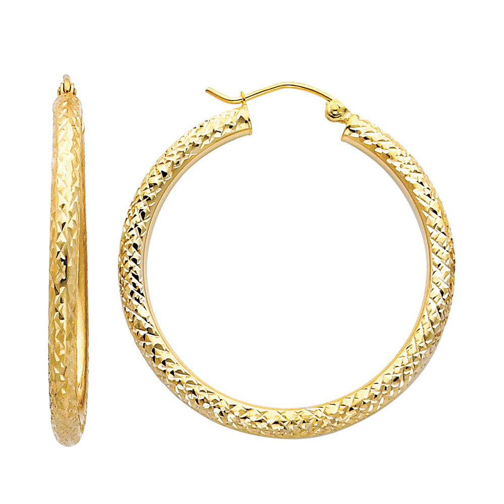 14K Yellow Gold 3mm DC Round Hoop Earrings