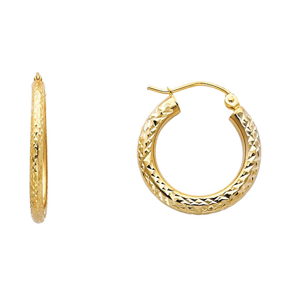 14K Yellow Gold 3mm DC Round Hoop Earrings