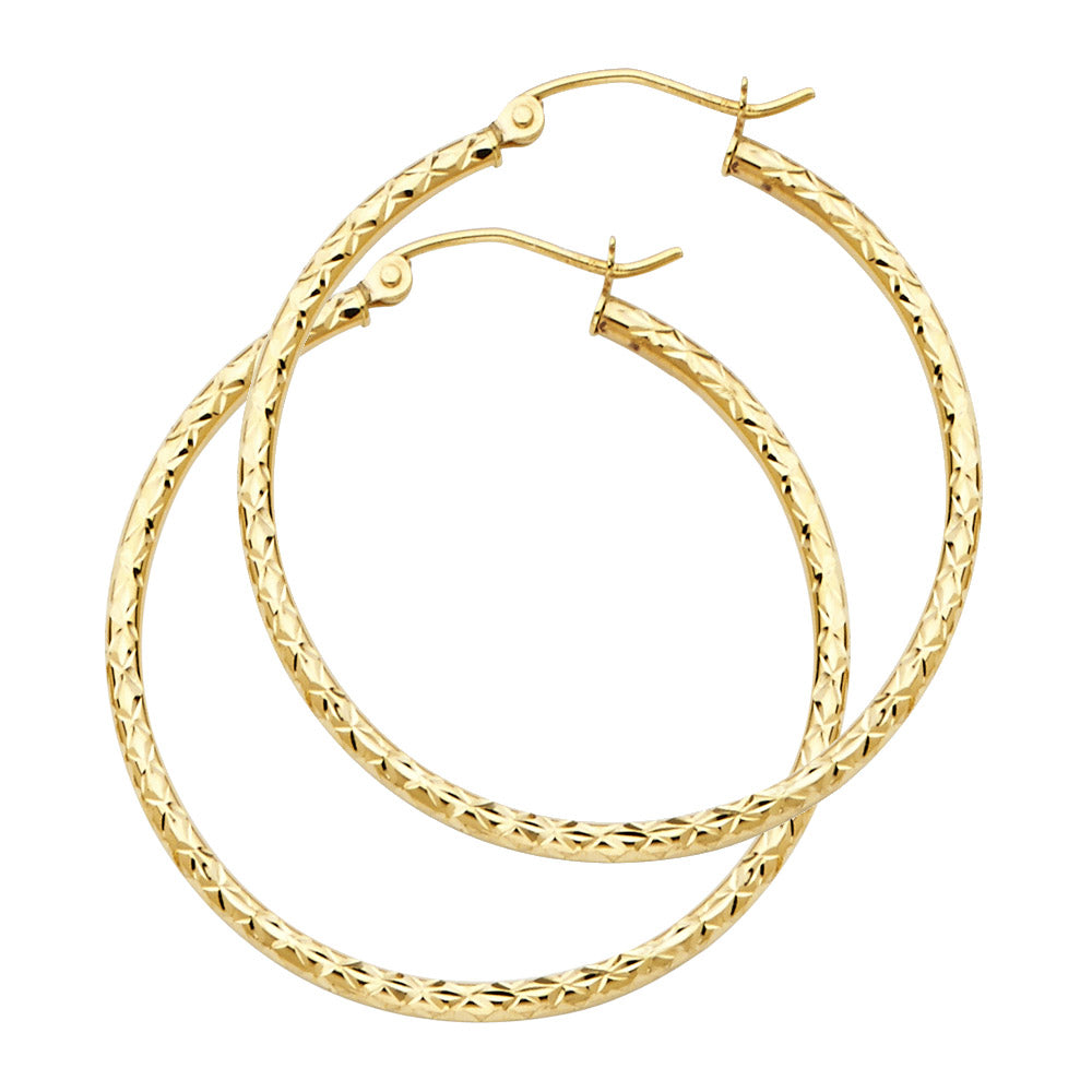 14K Yellow Gold Silk Diamond Cut 1.5mm Round Tube Hoop Earrings - Sizes 15mm to 35mm