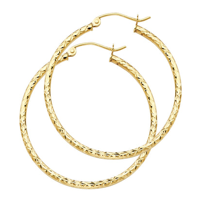 14K Yellow Gold Silk Diamond Cut 1.5mm Round Tube Hoop Earrings - Sizes 15mm to 35mm