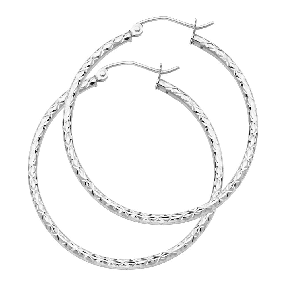 14K White Gold 1.5mm Diamond-Cut Silk Finish Round Tube Hoop Earrings - 15mm to 35mm