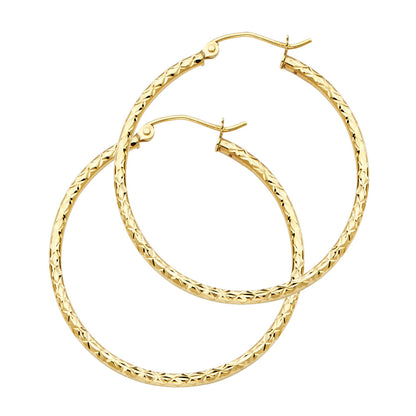 14K Yellow Gold Silk Diamond Cut 1.5mm Round Tube Hoop Earrings - Sizes 15mm to 35mm