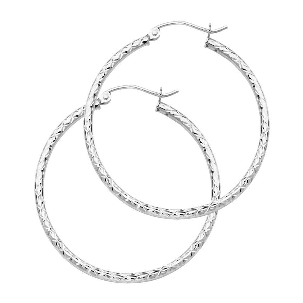 14K White Gold 1.5mm Diamond-Cut Silk Finish Round Tube Hoop Earrings - 15mm to 35mm