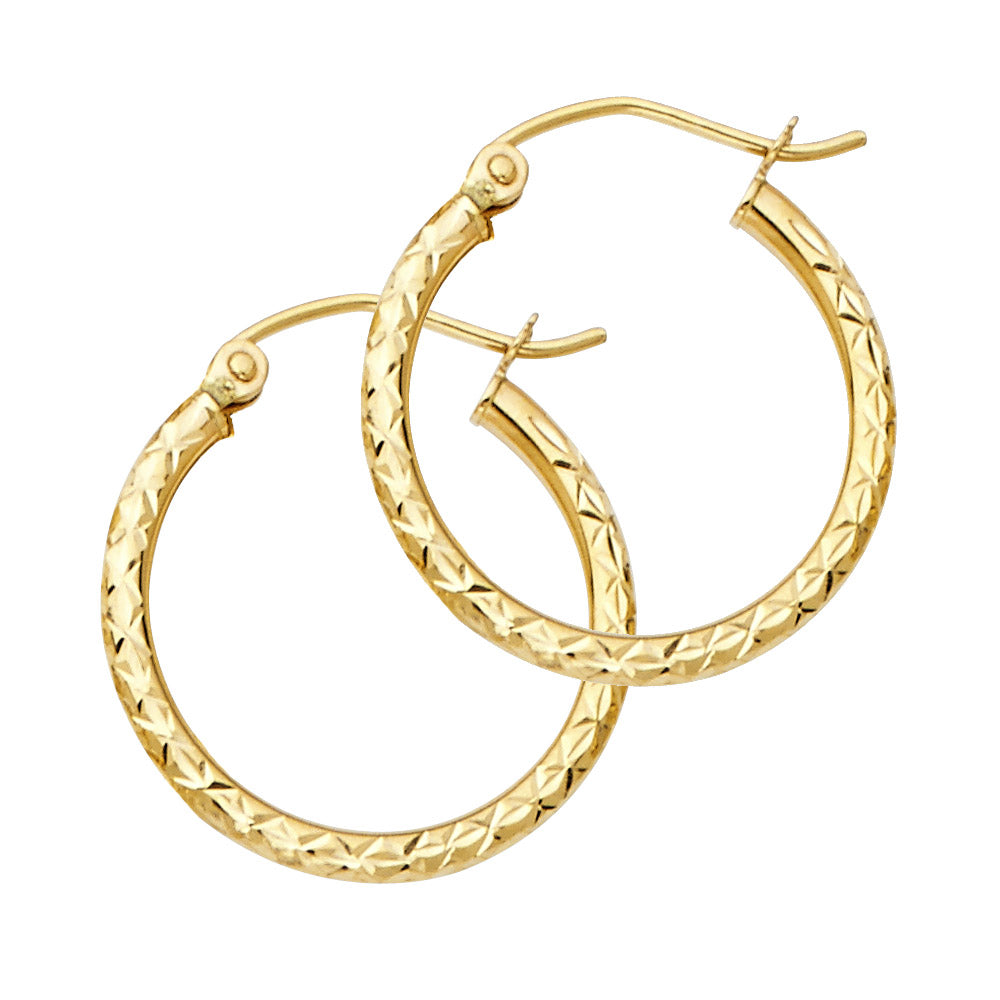 14K Yellow Gold Silk Diamond Cut 1.5mm Round Tube Hoop Earrings - Sizes 15mm to 35mm