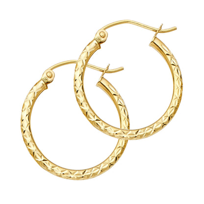 14K Yellow Gold Silk Diamond Cut 1.5mm Round Tube Hoop Earrings - Sizes 15mm to 35mm