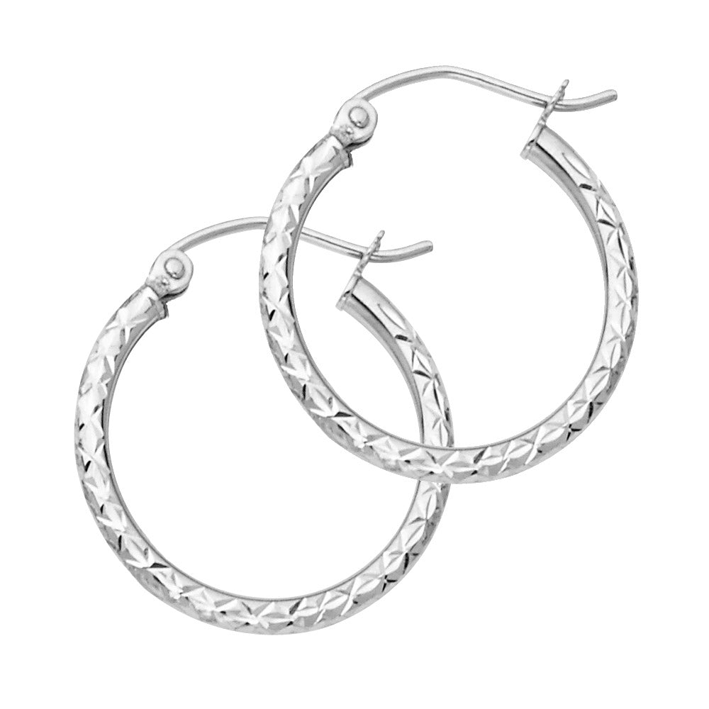 14K White Gold 1.5mm Diamond-Cut Silk Finish Round Tube Hoop Earrings - 15mm to 35mm
