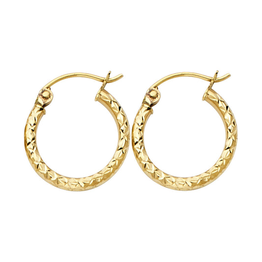 14K Yellow Gold Silk Diamond Cut 1.5mm Round Tube Hoop Earrings - Sizes 15mm to 35mm