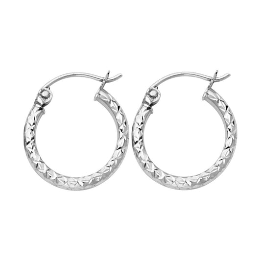 14K White Gold 1.5mm Diamond-Cut Silk Finish Round Tube Hoop Earrings - 15mm to 35mm