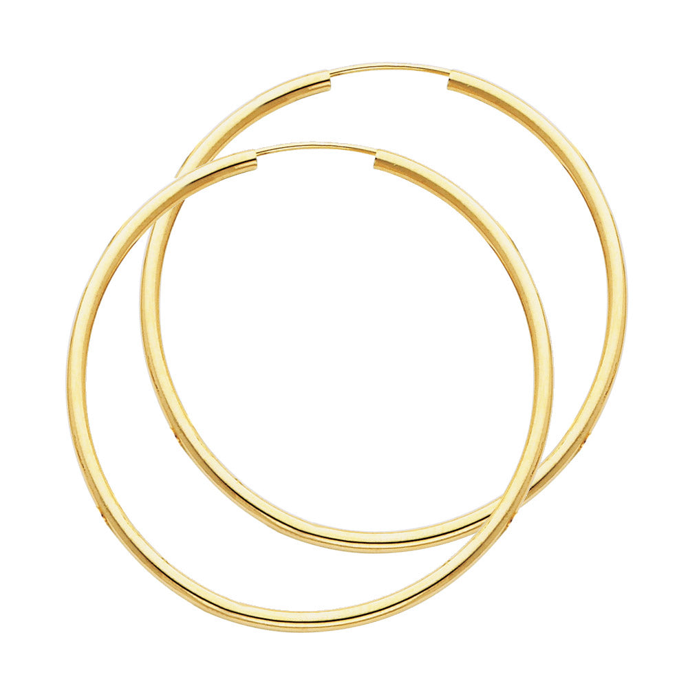 Two gold hoop earrings on a white background available on the TX.ORO website.