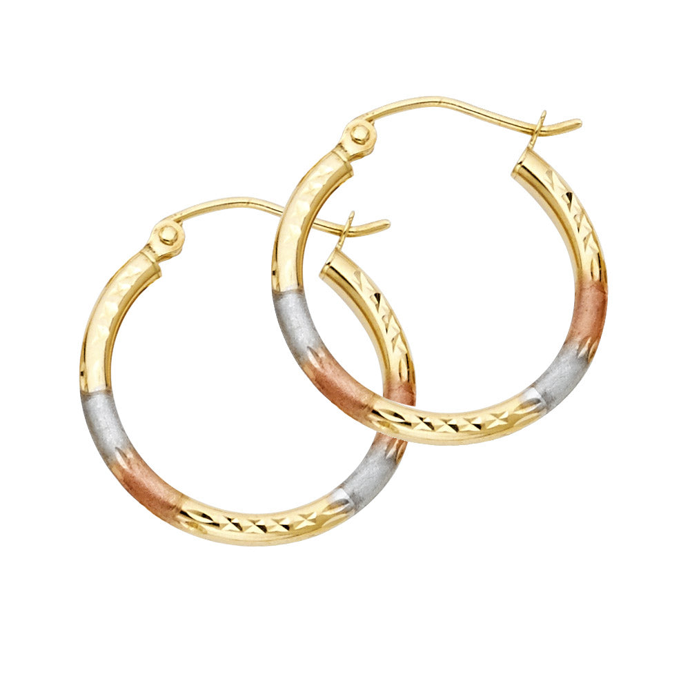 14K Tri-Color Gold 2mm Diamond-Cut Round Tube Hoop Earrings