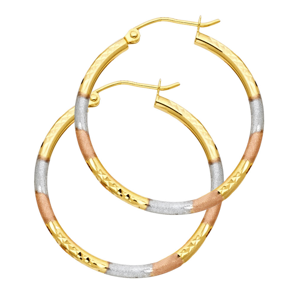 14K Tri-Color Gold 2mm Diamond-Cut Round Tube Hoop Earrings