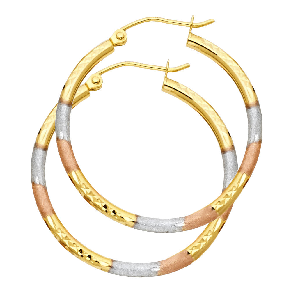 14K Tri-Color Gold 2mm Diamond-Cut Round Tube Hoop Earrings