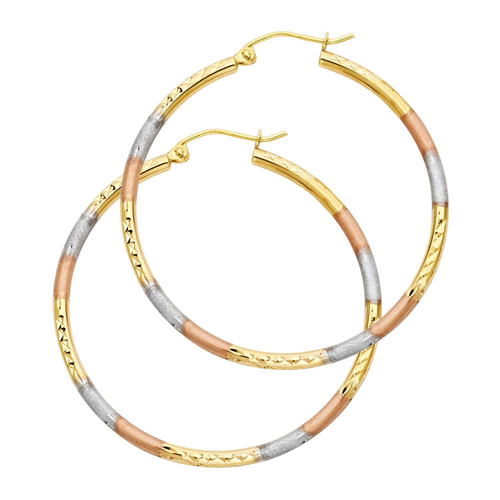14K Tri-Color Gold 2mm Diamond-Cut Round Tube Hoop Earrings