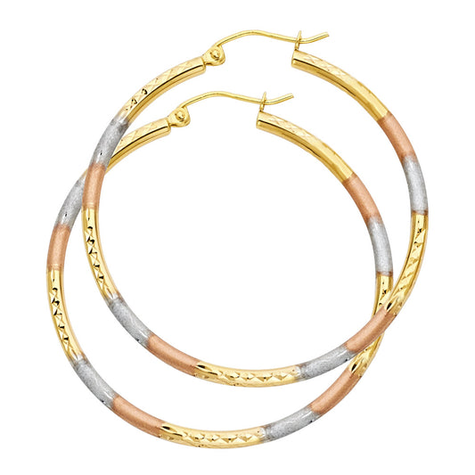 14K Tri-Color Gold 2mm Diamond-Cut Round Tube Hoop Earrings