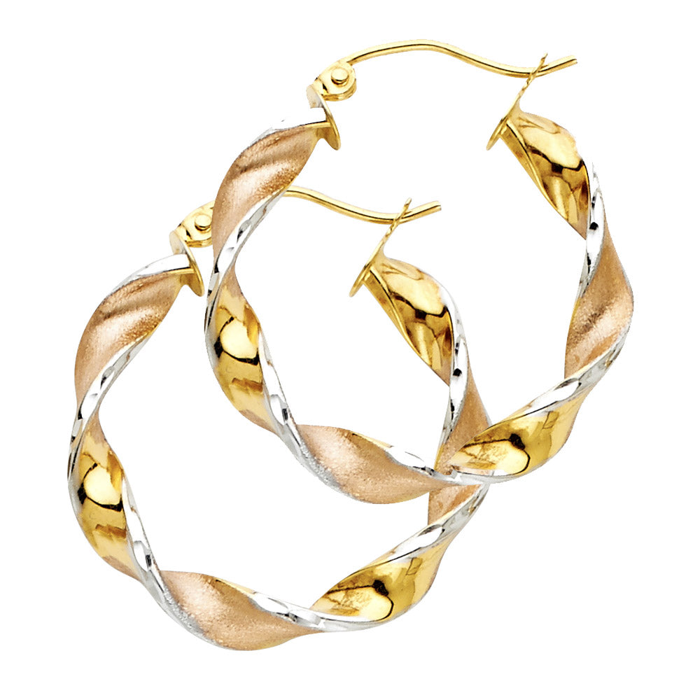 14K Tri-Color Gold Lightweight Fancy Swirl Hoop Earrings - 25mm
