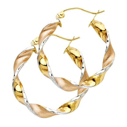 14K Tri-Color Gold Lightweight Fancy Swirl Hoop Earrings - 25mm