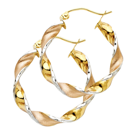 14K Tri-Color Gold Lightweight Fancy Swirl Hoop Earrings - 25mm