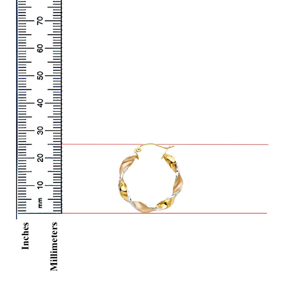 14K Tri-Color Gold Lightweight Fancy Swirl Hoop Earrings - 25mm