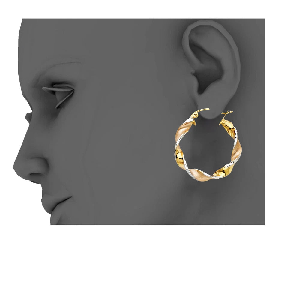 14K Tri-Color Gold Lightweight Fancy Swirl Hoop Earrings - 25mm