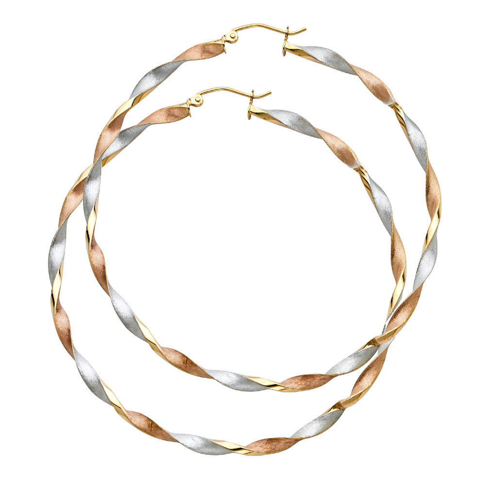 14K Tri-Color Gold Lightweight Curled Hollow Hoop Earrings for Women (20mm-65mm)