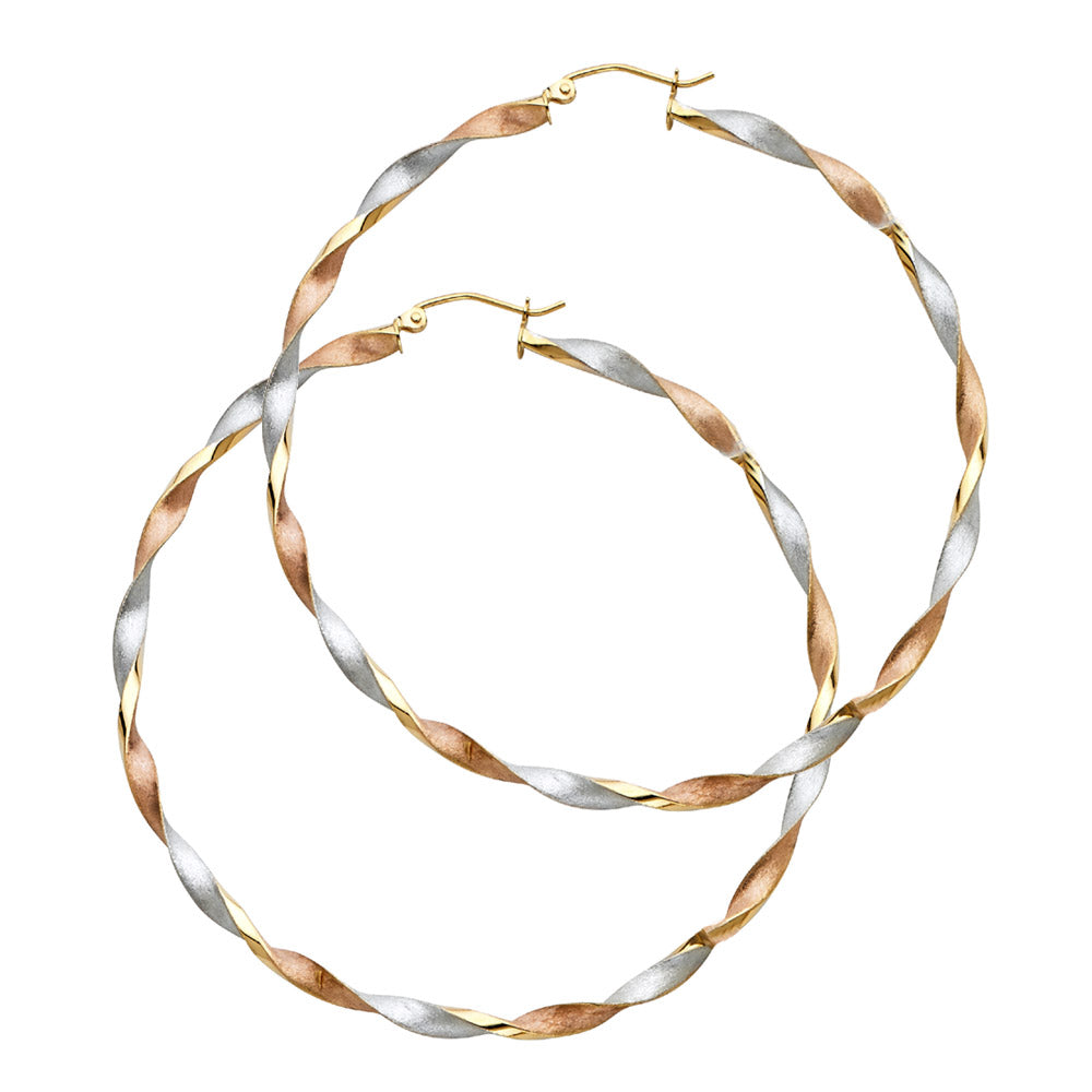 14K Tri-Color Gold Lightweight Curled Hollow Hoop Earrings for Women (20mm-65mm)