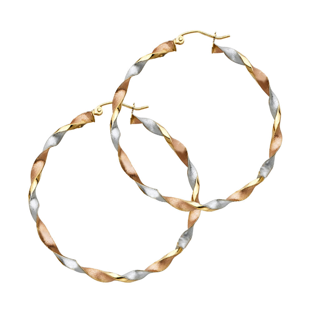 14K Tri-Color Gold Lightweight Curled Hollow Hoop Earrings for Women (20mm-65mm)