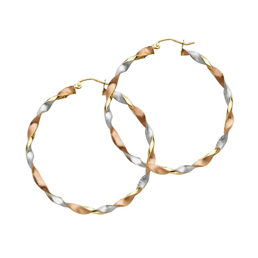 14K Tri-Color Gold Lightweight Curled Hollow Hoop Earrings for Women (20mm-65mm)