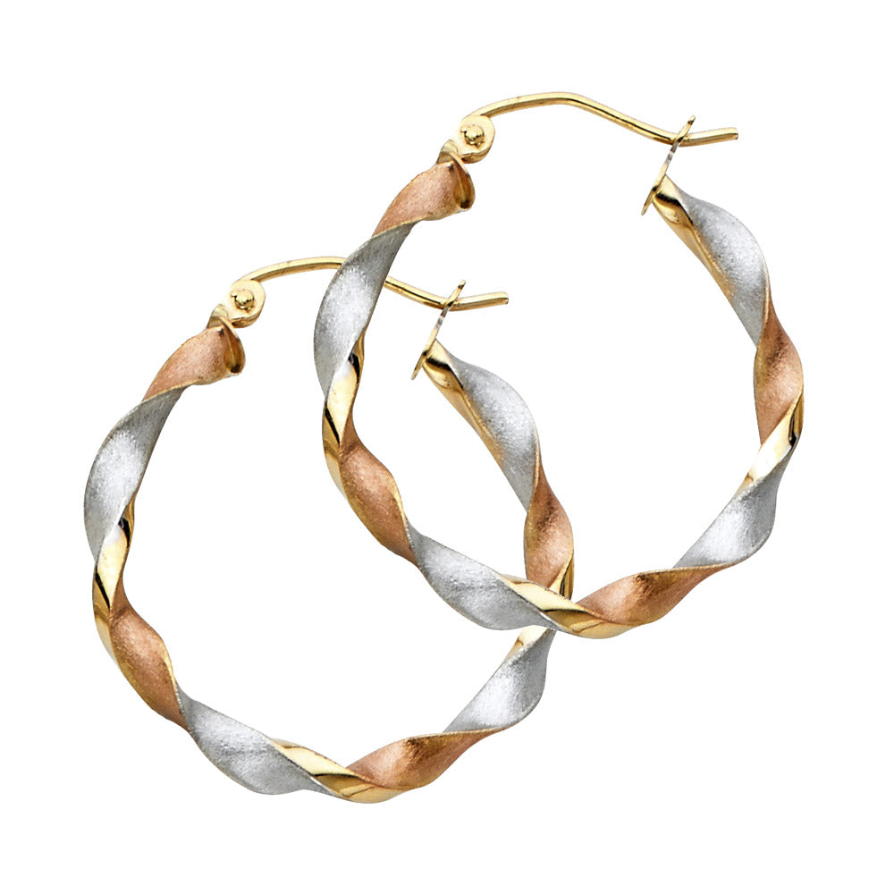 14K Tri-Color Gold Lightweight Curled Hollow Hoop Earrings for Women (20mm-65mm)