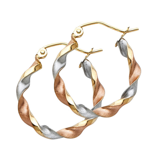 14K Tri-Color Gold Lightweight Curled Hollow Hoop Earrings for Women (20mm-65mm)