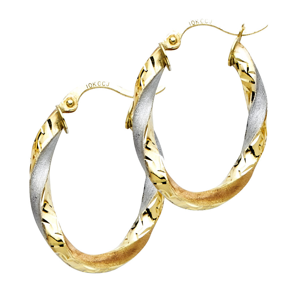 14K Tri-Color Gold Lightweight Curled Hollow Oval Hoop Earrings for Women