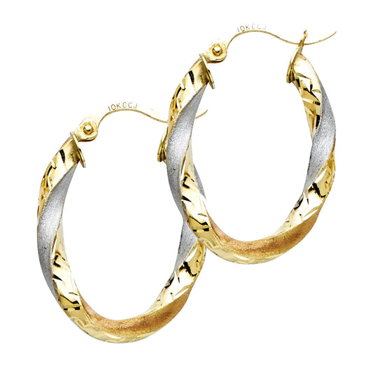 14K Tri-Color Gold Lightweight Curled Hollow Oval Hoop Earrings for Women