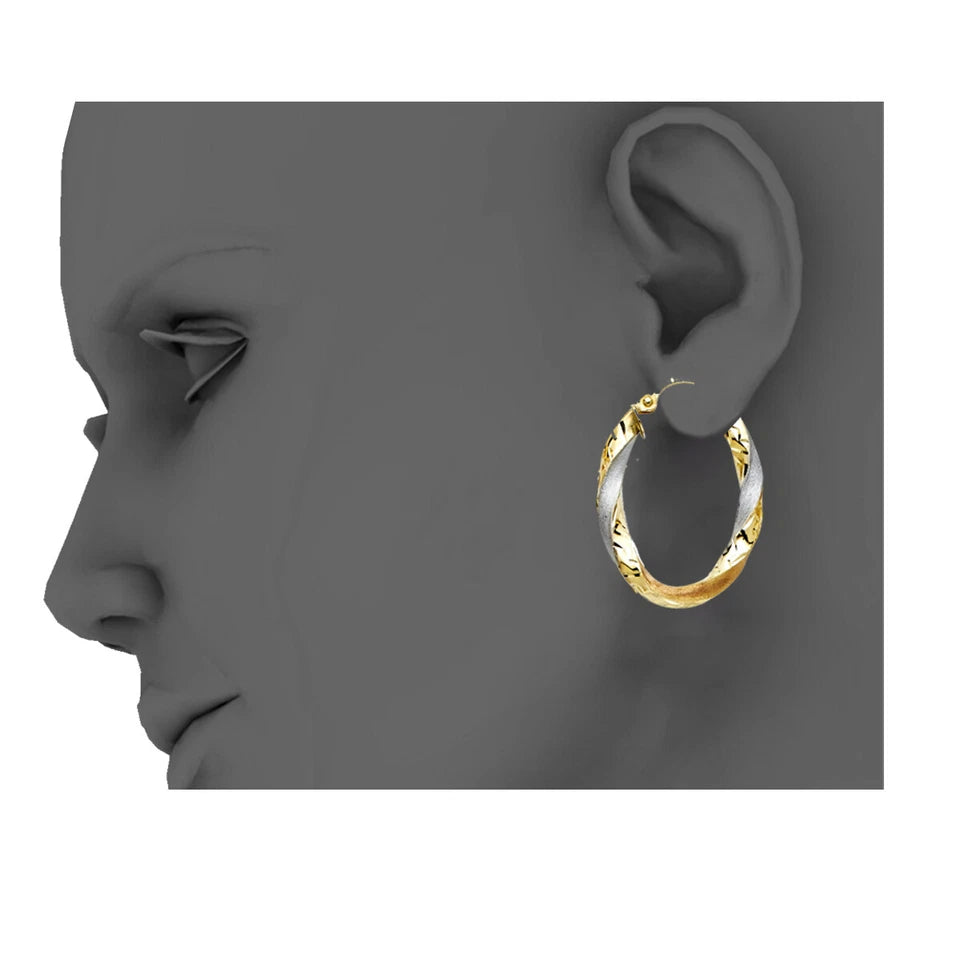 14K Tri-Color Gold Lightweight Curled Hollow Oval Hoop Earrings for Women