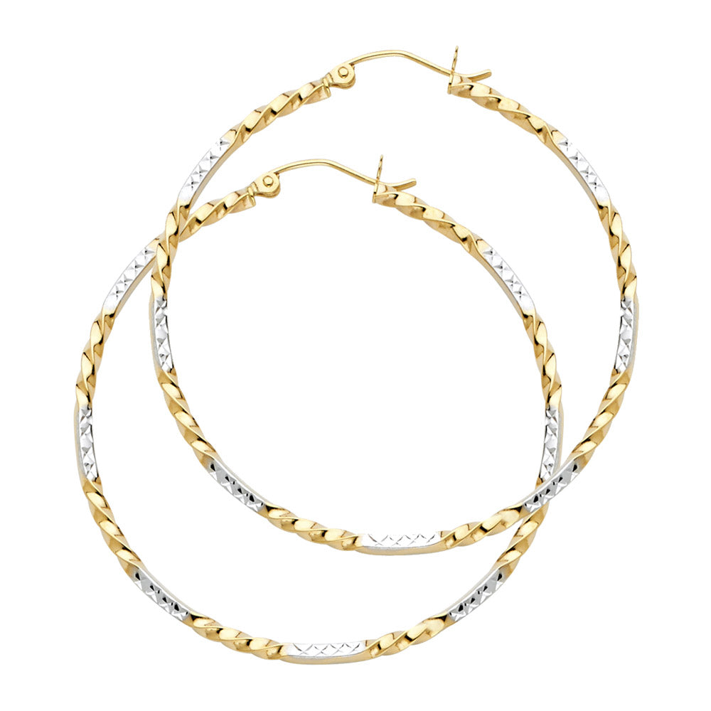 14K Two-Tone Gold 2mm Lightweight Fine Curled Hoop Earrings - 20mm-44mm