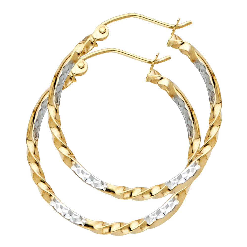 14K Two-Tone Gold 2mm Lightweight Fine Curled Hoop Earrings - 20mm-44mm