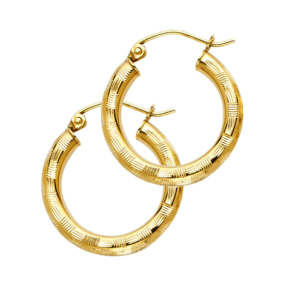 14K Yellow Gold 3mm Polished Diamond-Cut Round Hoop Earrings - 20mm-65mm