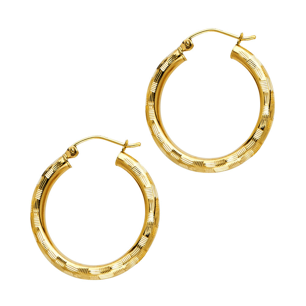 14K Yellow Gold 3mm Polished Diamond-Cut Round Hoop Earrings - 20mm-65mm