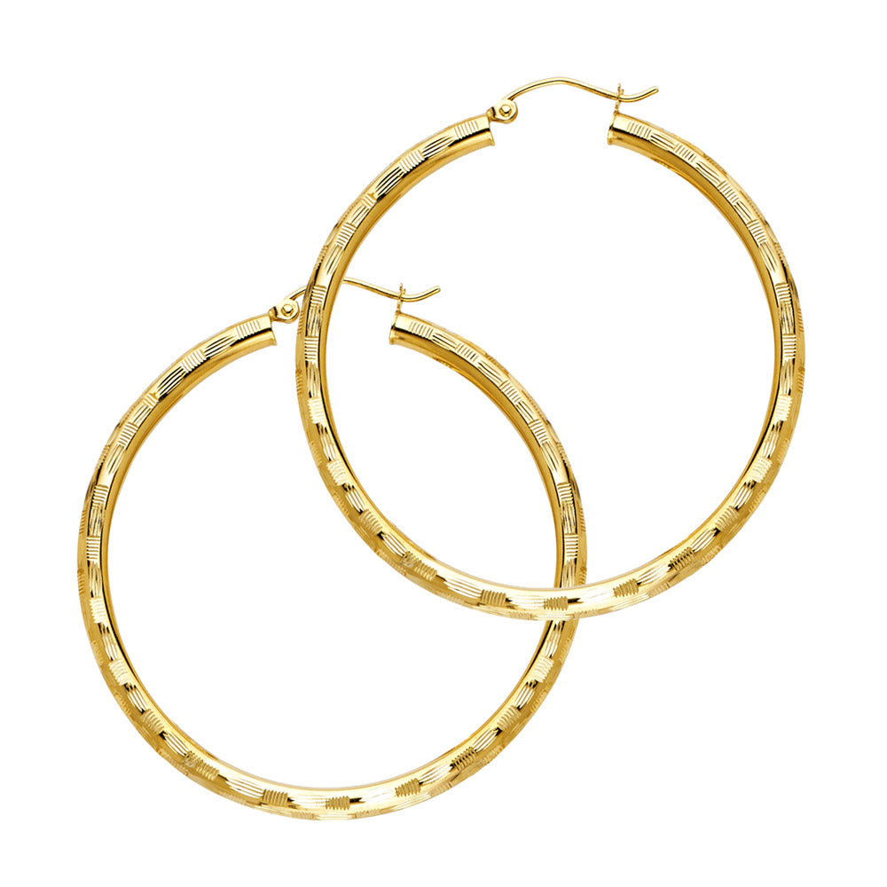 14K Yellow Gold 3mm Polished Diamond-Cut Round Hoop Earrings - 20mm-65mm