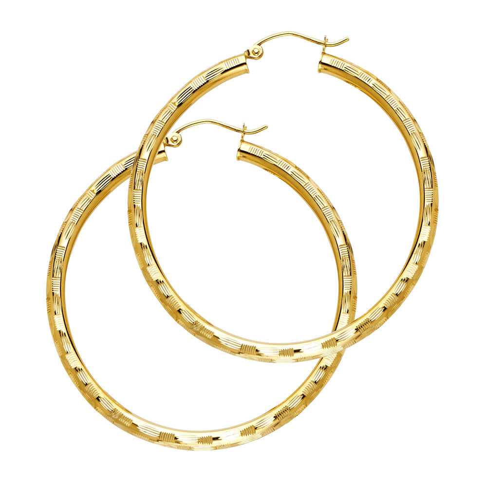 14K Yellow Gold 3mm Polished Diamond-Cut Round Hoop Earrings - 20mm-65mm