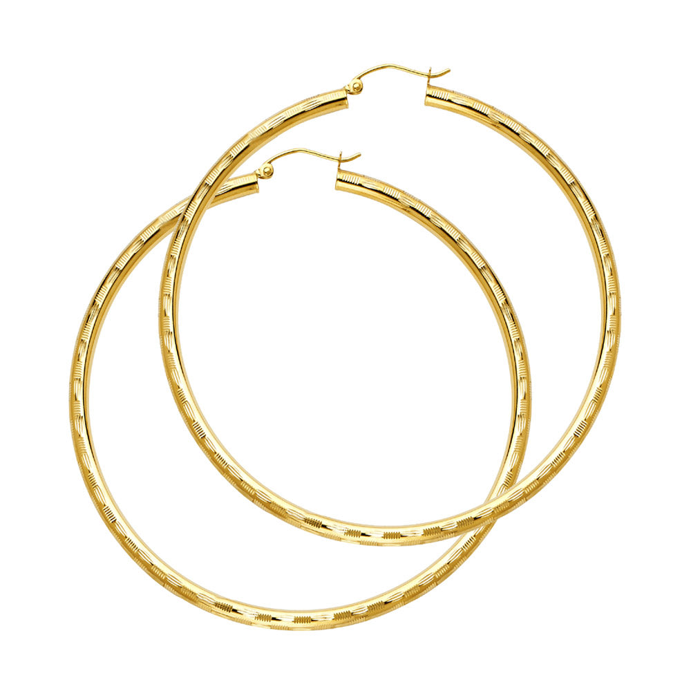 14K Yellow Gold 3mm Polished Diamond-Cut Round Hoop Earrings - 20mm-65mm