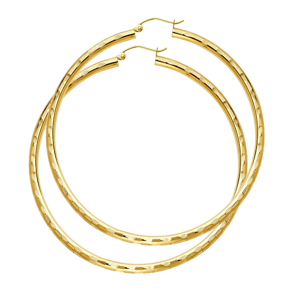 14K Yellow Gold 3mm Polished Diamond-Cut Round Hoop Earrings - 20mm-65mm