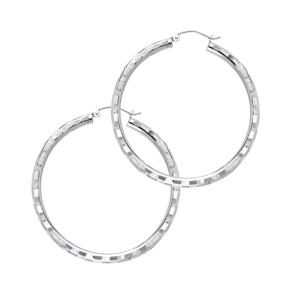 Pair of White Gold hoop earrings on a white background available on the TX.ORO website.