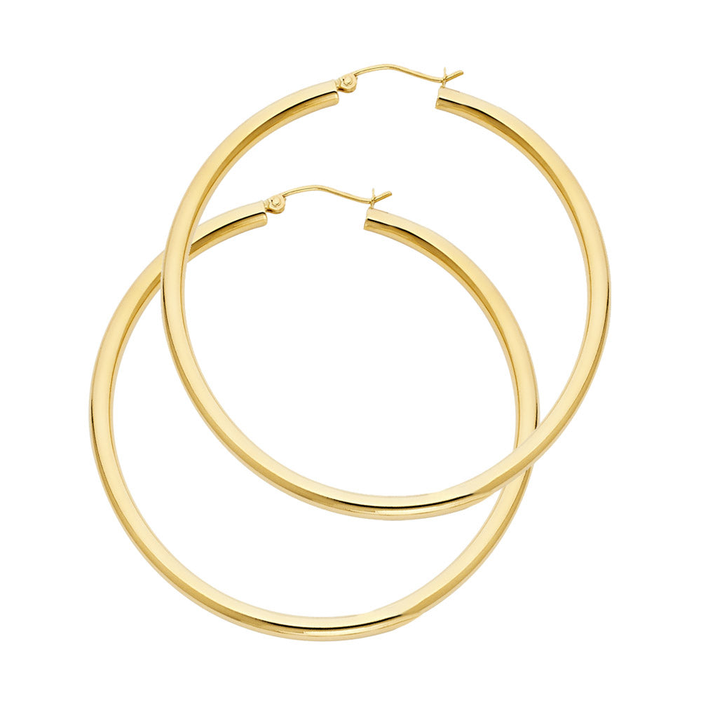 14K Yellow Gold 3mm Lightweight Polished Round Plain Hoop Earrings - 15mm-55mm